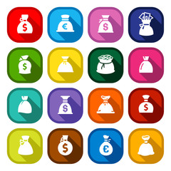 Money bags, set colored buttons