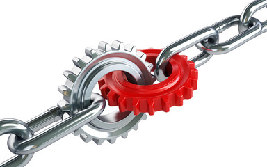 red gears chain links on a white background