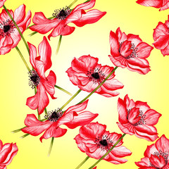 Seamless pattern with red anemones flowers. Watercolor