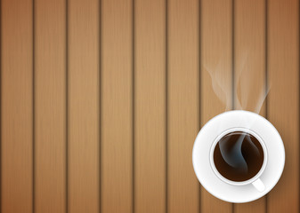 Vector coffee cup against wooden background.