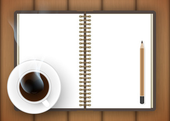 Fototapeta na wymiar Blank notebook with coffee cup on table- Vector