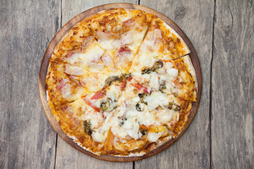 View top Pizza on wood