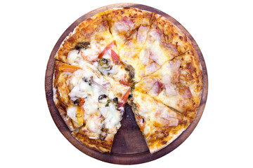 Delicious slice of pizza with seafood isolated on white