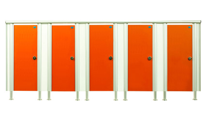 Colorful restroom stall doors isolated on white background