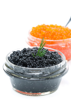 glass jar with black caviar close-up, isolated