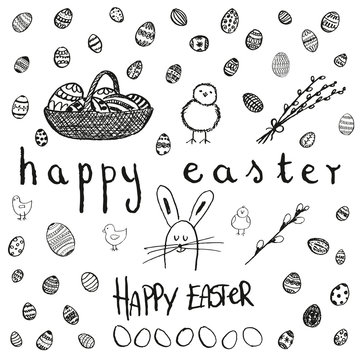 Doodle vector Easter set. BW