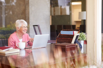 View Of Senior Woman Using Laptop Through Window