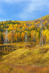 Naklejka premium Power line supports in the Ural mountains in autumn