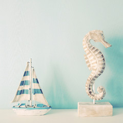 Seahorse and ship for decorated in room with retro filter effect