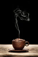 Wall murals Coffee bar Wooden cup with beans and woman-shaped smoke