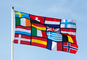 Pan European flag against the blue sky