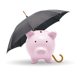 Black umbrella protect piggy bank. Isolated on white