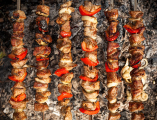 Closeup photo of kebab being cooked on fire