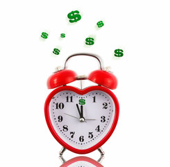 Red heart alarm clock with dollar signs ringing isolated