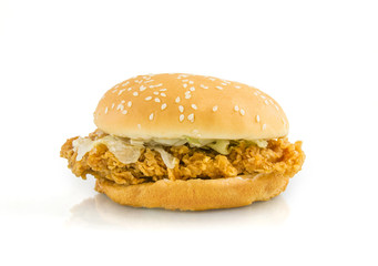 Chicken fried burger on white background. Clipping path inside.