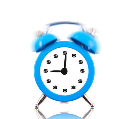 Alarm clock with dollar signs ringing isolated on white