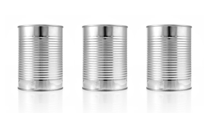 Metal can for preserved food on white background.