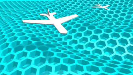 airplane icon above honeycomb landscape