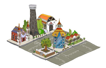 3D city icons hand drawing set collection