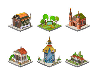 3D city icons hand drawing set collection