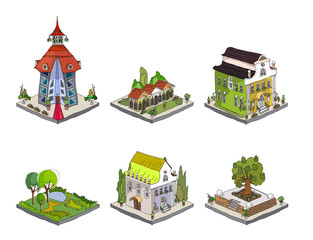 3D city icons hand drawing set collection