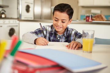 Hispanic Boy Doing Homework At Table