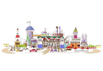 Obraz premium Shopping centre illustration with cafes, restaurants, cinema