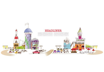 Naklejka premium Shopping centre illustration with cafes, restaurants, cinema
