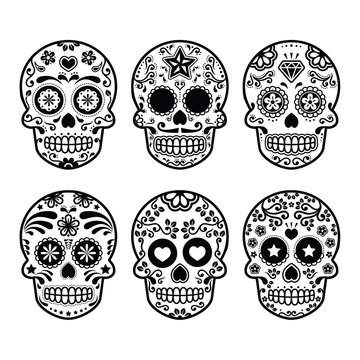 Mexican sugar skull, Dia de los Muertos icons set