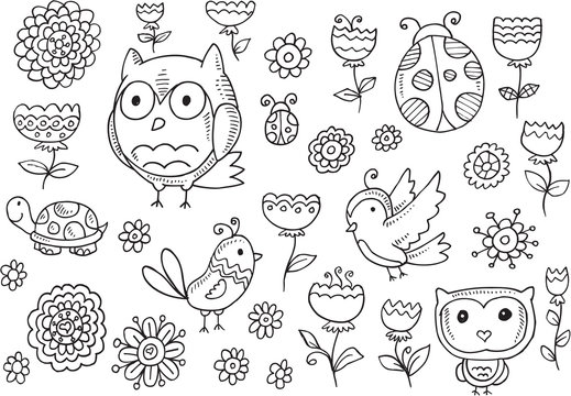 Forest creatures spring Flower Vector Doodle Set