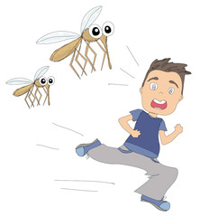 boy runs away from mosquitoes