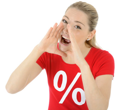 Frau im Sale-Shirt br&uuml;llt Sonder-Angebot