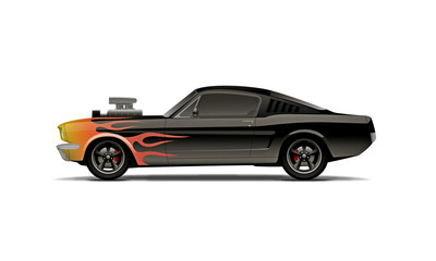 Fototapeta na wymiar castomized muscle car with supercharger and flames