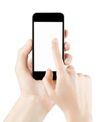 Woman hands hold and touch smartphone isolated, clipping path