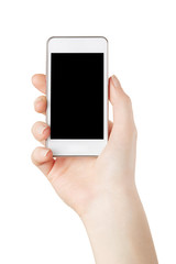 Woman hand holding smartphone on white, clipping path included