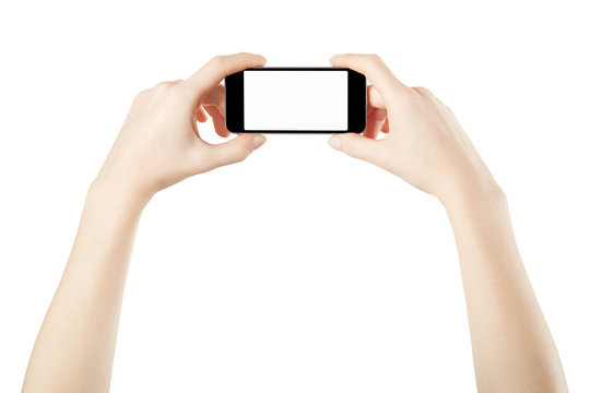 Smartphone in female hands taking photo isolated, clipping path