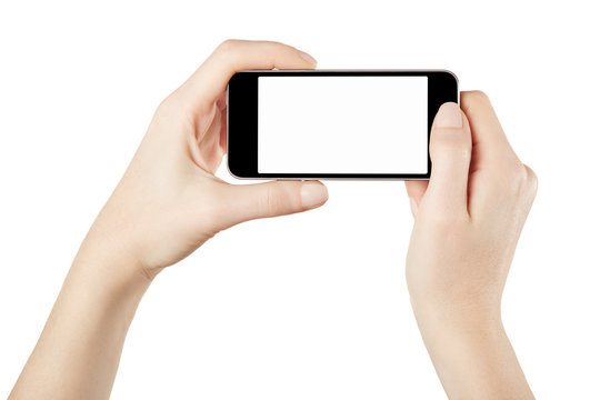 Female hands and smartphone on white, clipping path