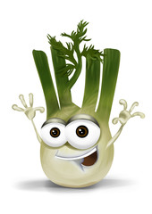 Happy fennel cartoon character, smiling and waving hands.