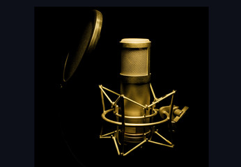 golden microphone isolated on black background - Powered by Adobe