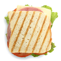 Tasty sandwich with ham, isolated on white