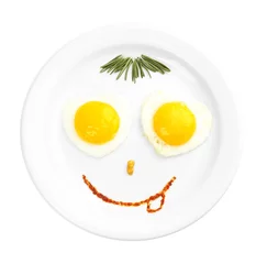 Wall murals Fried eggs Scrambled eggs with bread on plate, on color napkin