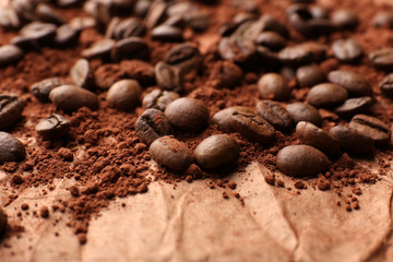 Coffee beans on table close-up