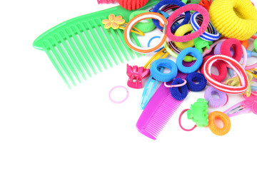 Colorful comb,barrette and Scrunchy isolated on white