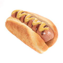 Tasty grilled hotdog with mustard.