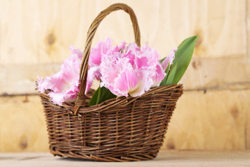 Fototapeta na wymiar Beautiful tulips in wicker basket, on wooden background
