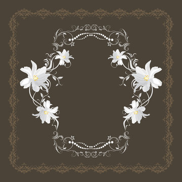 Ornamental frame with white flowers on the dark brown background