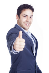 Handsome businessman with thumb up, isolated on white