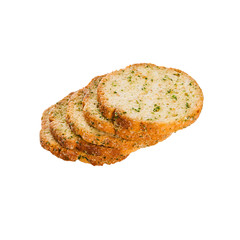 Series of round rusks with spices isolated on white