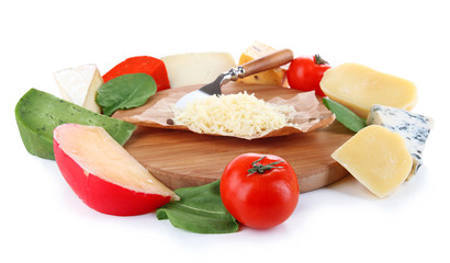 Different Italian cheese on wooden board, isolated on white