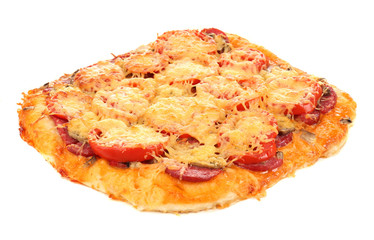 Homemade pizza on baking paper isolated on white